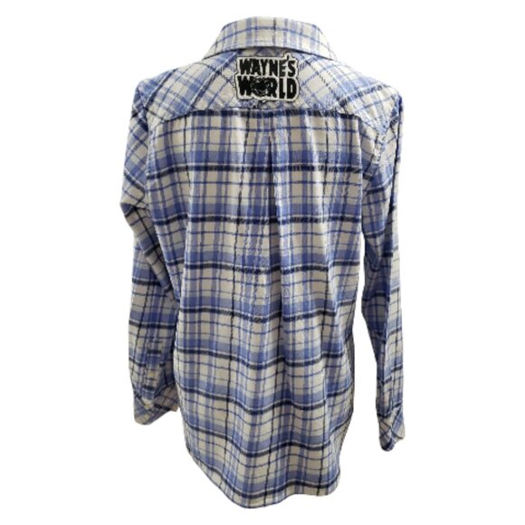 Womens Upcycled Distressed Flannel with "Wayne's World" Embroidered Patch 8 - Picture 1 of 7